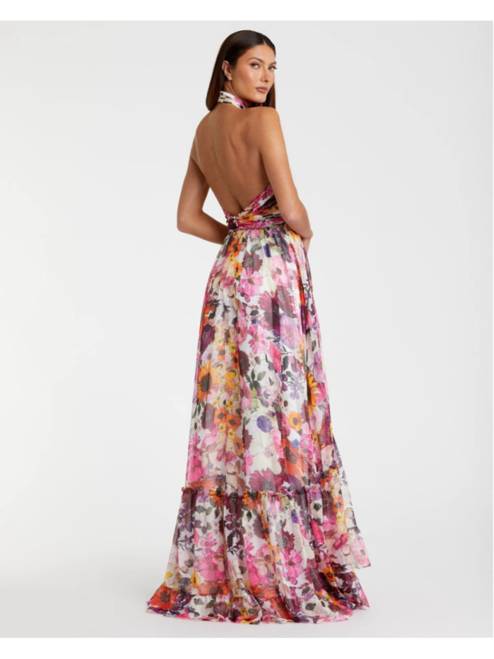 Mac Duggal Floral Chiffon Halter Rosette Gown Black Multi Size 10 NWT - Picture 2 of 8